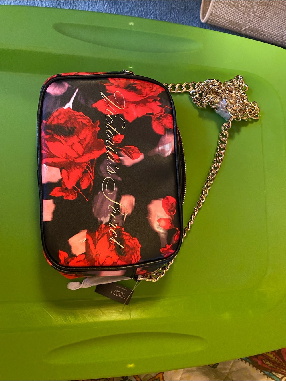Victoria's Secret Black Crossbody Bag with Red Floral Print and Gold Chain
